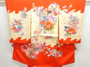 アンティーク　御所車に花・鶴模様着物（長襦袢・内袖付き）